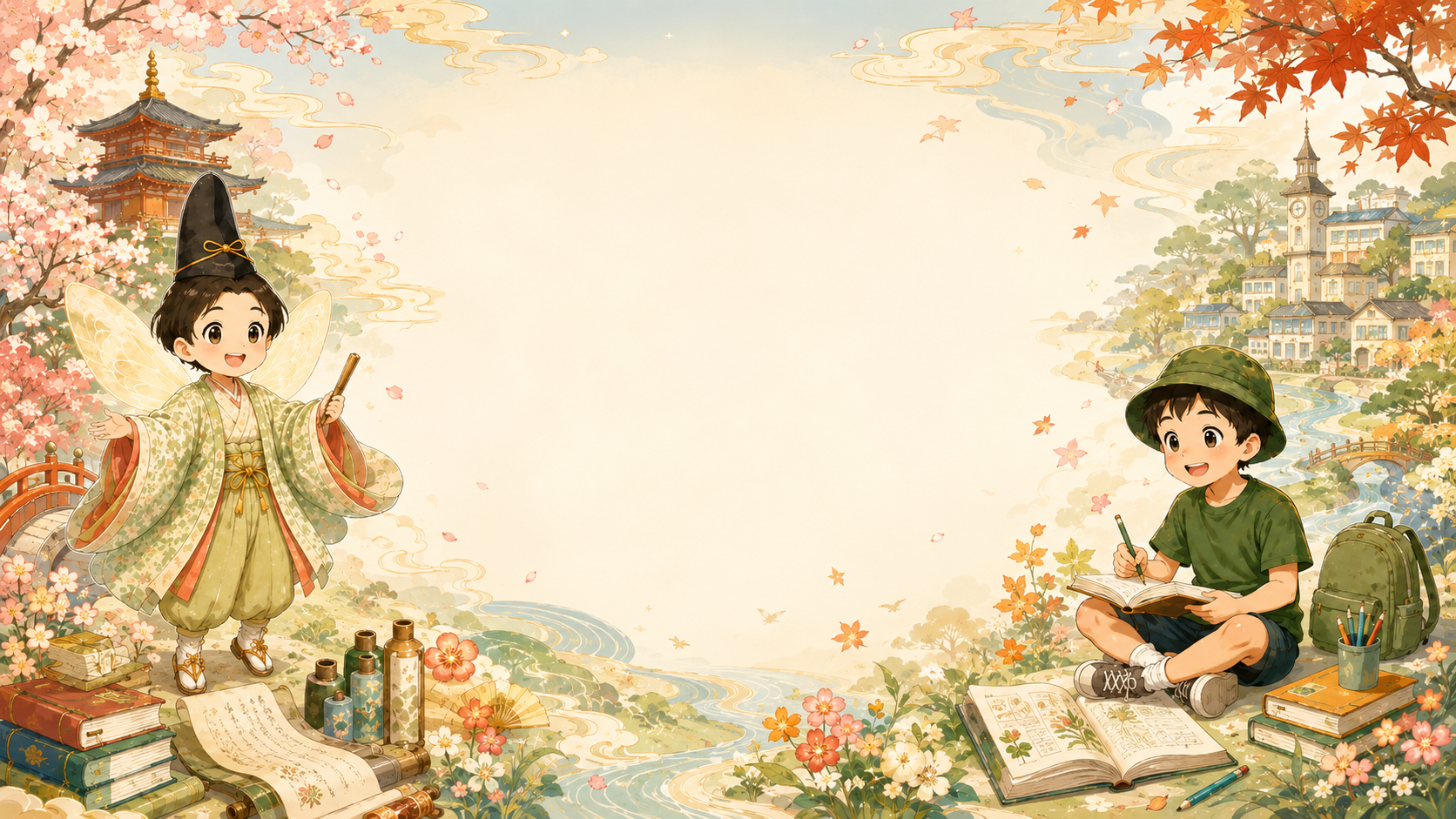 古典の妖精と男の子のイラスト。桜と紅葉、和の風景の中で、いっしょに本を読んでいる場面。